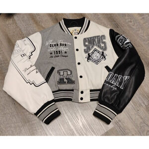 Youth large SMOKE RISE HERITAGE OUTERWEAR Gray Varsity Jacket Hustle Grungy